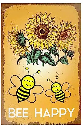 Lustiges Blumen-Metallschild, rustikales Metallschild, Sonnenblumen, Biene glücklich, Hofschild, Garage, Bauernhof, Außenbereich, Garten, Wanddekoration, Schild, für den Außenbereich, für Zuhause,