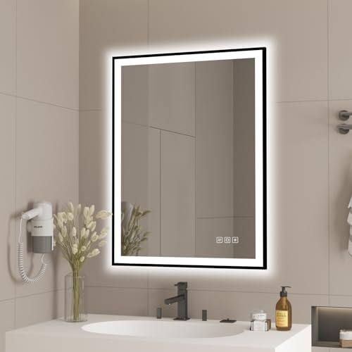 furduzz LED-Badezimmerspiegel mit schwarzem Rahmen, 450 x 600 mm, Kosmetikspiegel mit Hintergrundbeleuchtung, dimmbar, beschlagfrei, bruchsicher, Memory, 3 Farben, Wandspiegel, vertikal/horizontal