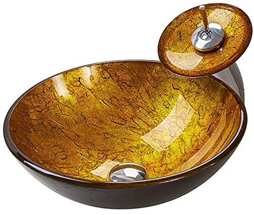 Lavabo Rond Doré De 41,9 Cm, Lavabo De Salle De Bain En Verre Trempé, Lavabo Au-Dessus Du Comptoir, Petit Lavabo Moderne Avec Robinet Cascade Et Drain Combiné