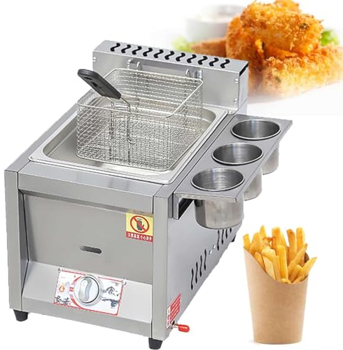 Commercial Lpg Gas Deep Fryer with Basket and Lid, Stainless Steel Countertop Deep Fryer,for Home Kitchen Adjustable Temperature Control,8L