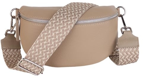 MIRROSI® Bauchtasche Damen, Echtleder, Made in Italy, Umhängetasche, Brusttasche, Crossbody Bag (1 Tasche & 2 Gurte) (Helltaupe (Flecht), Große Tasche (28x18x9cm))