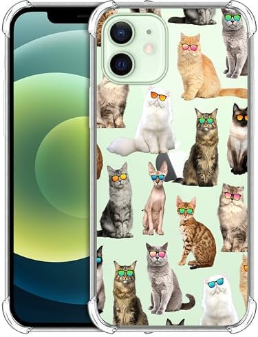GlamCase for iPhone 12/12 Pro, iPhone 12/12 Pro Clear Case - Cat Pattern with Sunglasses design Printed Slim Fit Shockproof Clear Designer Back Case/Cover for iPhone 12/12 Pro only.