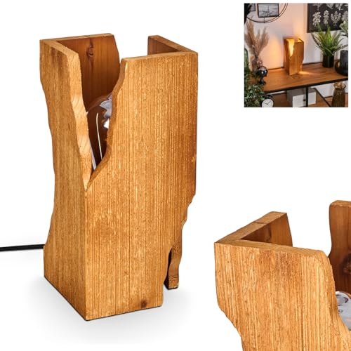 Tischleuchte Sernadelo, Tischlampe aus Metall/Holz in Schwarz/Naturfarben, Leseleuchte im Boho-Design mit Schirm aus Holz und An-/ Ausschalter am Kabel, Höhe 25 cm, 1 x E27, ohne Leuchtmittel