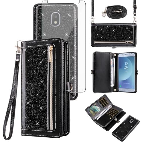 Asuwish Phone Case for Samsung Galaxy J5 Pro 2017 J530 Zipper Wallet Detachable Cell Cover with Tempered Glass Screen Protector Strap Bling Glitter Flip Card Holder J5pro SM J530F J530G Women Black