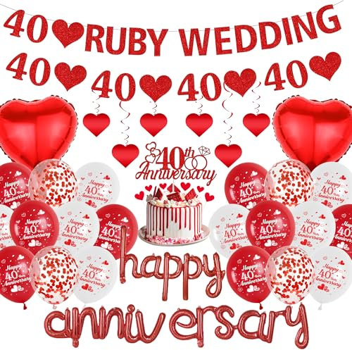 40th Wedding Anniversary Decorations Ruby - 64 Pieces Happy Anniversary Decorations, Ruby Wedding Glitter Banners, Heart Hanging Swirls, Cake Toppers for 40th Couples Anniversary Party Supplies