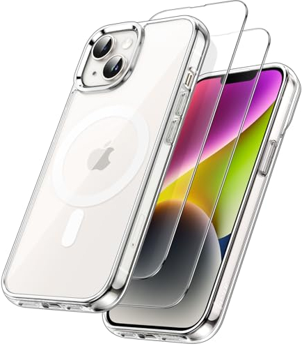 JETech 3 in 1 Magnetische Hülle für iPhone 14 6,1 Zoll mit 2 Stück Gehärtetes Glas Schutzfolie, Kompatibel mit MagSafe, Stoßfest Stoßfänger Handyhülle (Durchsichtig)