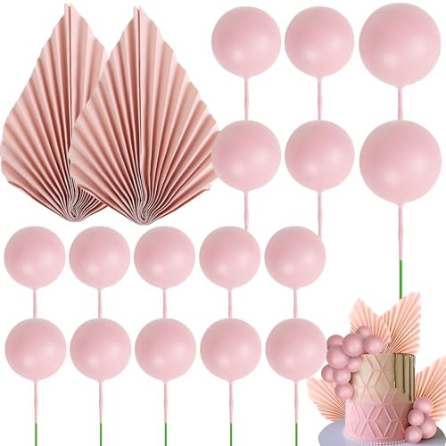 Xsstarmi 28 Pack Paper Palm Fan Cake Topper Balls Cake Pick for Baby Shower Wedding Bridal Shower Birthday Party Cake Decorations Supplies Pink