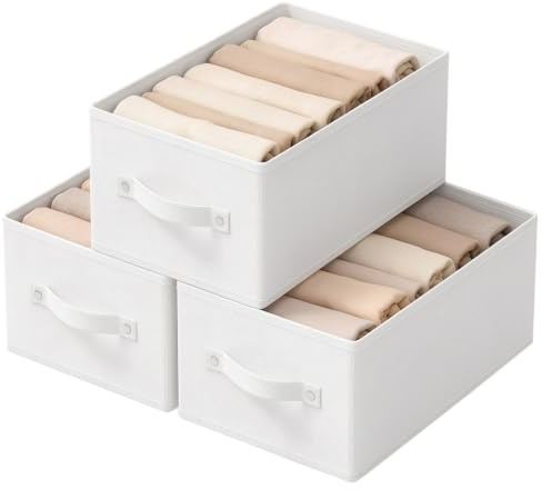 GUOHNHE Aufbewahrungsboxen für Regal, Schrank, 47x28x20 cm, Weiß, 3er Set | Kleiderschrank Organizer, Kleiderboxen, Zusammenklappbar Stoffboxen mit 2 Griff, Aufbewahrung Korb für Kleidung, Hosen