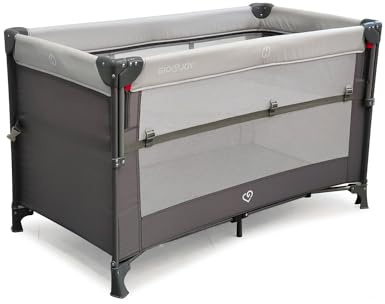 Lettino da Viaggio Deluxe a 2 Livelli Pieghevole con Sponda Arrotolabile e Borsa di Trasporto, Grigio