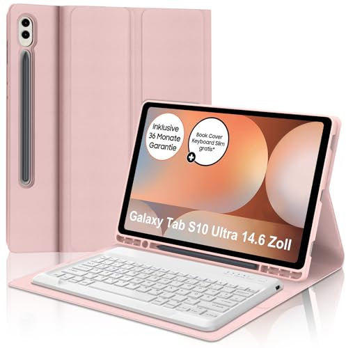 IVEOPPE Tastatur für Samsung Galaxy Tab S10 Ultra 2024, Hülle mit Tastatur Galaxy Tab S10/S9 Ultra, Abnehmbarer QWERTZ Layout Keyboard für Samsung S9/S10 Ultra 14.6 Zoll, Rosa