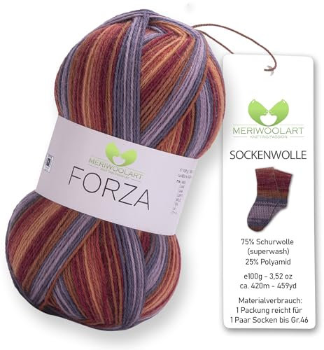 MeriWoolArt® Sockenwolle 4-fädig – 100g Merino Wolle Garn zum Stricken & Häkeln, 75% Schurwolle (superwash), 25% Polyamid, 420m – Ideal für Socken für Herren und Damen, Pullover & Cardigans 2503