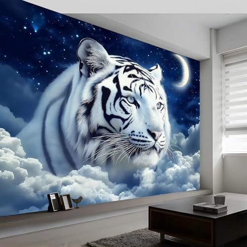 Tapete Fototapete 3D Effekt Weißer Tiger in Wolken mit Mond, Mystisches Fantasie Wandbild, Vliestapete für Wohnzimmer Schlafzimmer Kinderzimmer Büro Flur, Wanddekoration Bildtapete 200 x 140 cm Weiß
