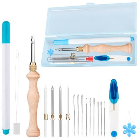 MSDADA 18 Pcs Embroidery Needle Punch Kit, Adjustable Rug Yarn Punch Needles Set, Wooden Handle Embroidery Pens, Cloth Needle Threader Tools for Embroidery Sewing Craft(Blue)