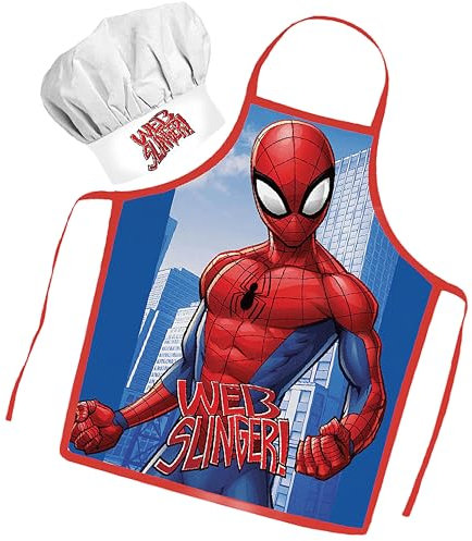 Sorrisini Kinderschürze Kochmütze für Kinder Spiderman, Schürze Kochmütze Kinder, Kinderschürze Jungen, Verstellbare Kinderschürzen zum Backen, Malen, Kinder 3-8 Jahre Spiderman-Action