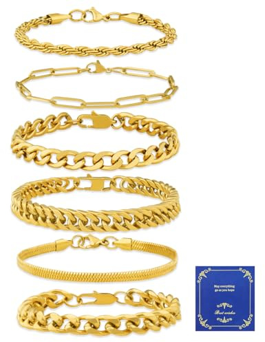 AWARDSEN Mens Gold Bracelet Gold Bracelets for Men Stainless Steel Cuban Link Chain 6 Pcs Bracelet Gift for Men Him Dad Boyfriends Husband 7.5