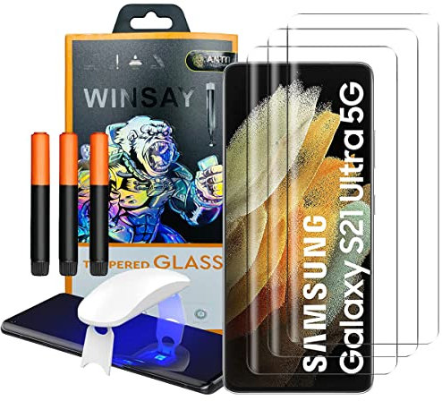 NOVAGO –Compatible avec Samsung S21 Ultra 5G - Pack de 3 Films en Verre Trempé Incurvé avec Colle UV et Lampe