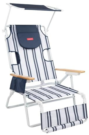 Flamingueo Chaise de Plage, Rembourrage pour Tête et Les Bras, Inclinable 5 Positions, Parasol Réglable UPF 50+, Poignées de Sac, Faciles à Transporter, Repose-Pieds et Accoudoirs, 50 x 69 x 105 cm