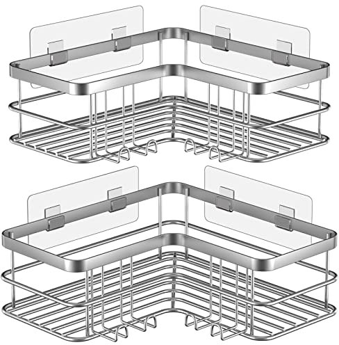 Yazoni Corner Shower Caddy, Adhesive Shower Organizer Corner, Bathroom Shelves Shampoo Holder with Hooks, Rust-proof Stainless Steel (Silver)