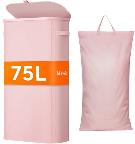 Lifewit Panier Linge Sale, Bac Linge avec Couvercle, Corbeille Linge avec Plastique Poignées et Sac Linge, Laundry Basket pour Buanderie, Chambre, Salle de Bain, 75 L, Rose