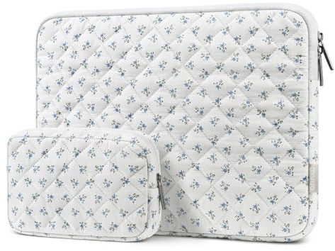 MOSISO 13-14 inch Laptop Case, 13.3 inch Puffy Laptop Sleeve, Blue | Compatible with MacBook Neo/Air 13.6/Pro 13/Pro 14, HP Dell ASUS Lenovo,Charming Floral Square Quilted Carrying Bag&SmallCase