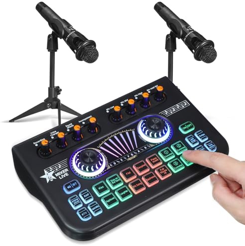 E300 Doppelmikrofon X3 Soundkarte Professionelles Podcast Dj Satz | Schwarz, Metall und Kunststoff, 1 Satz, für Podcast Produktion und Gaming, Benutzerfreundliche Bedienung