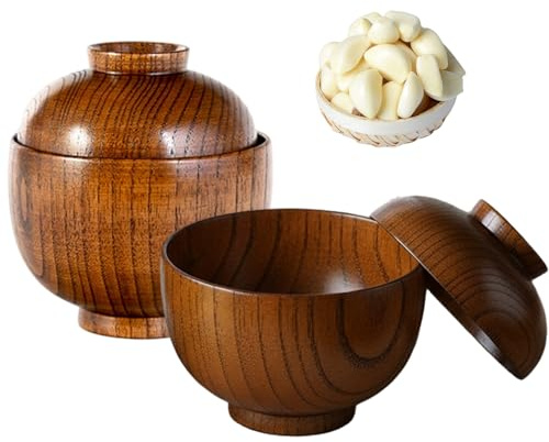 Muzrunq Miso-Suppenschüsseln, 2 Stück, rustikale Holzschalen mit natürlicher Textur und Deckel für Lebensmittel, Reis, Suppe, Tee, Dekoration