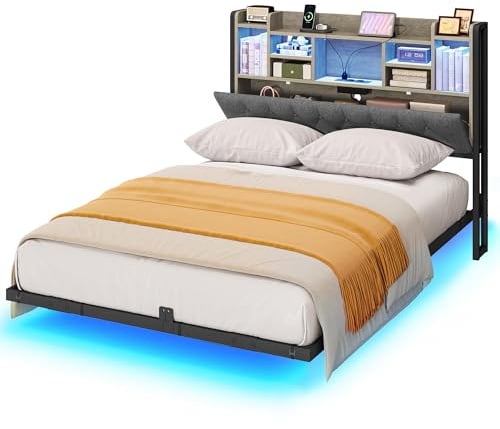 YITAHOME Bettgestell LED mit Kopfteil grau ohne Matratze 140X200CM | LED-Beleuchtung USB-Ladestation inkl Kopfteil schwebendes Design Metallrahmen Stoffbezug