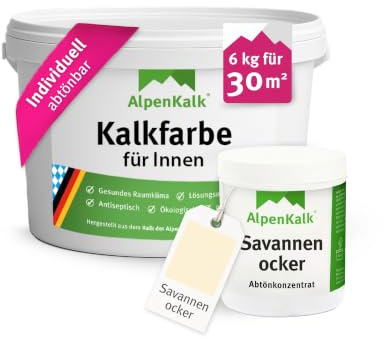 AlpenKalk Savannen-Ocker Kalkfarbe für Innenräume I 6 kg inkl. 1 Dose Pigmente für ca. 30m² I Atmungsaktiv & Anti-Schimmel Formel für ein natürliches Raumklima I Für Allergiker & Kinder