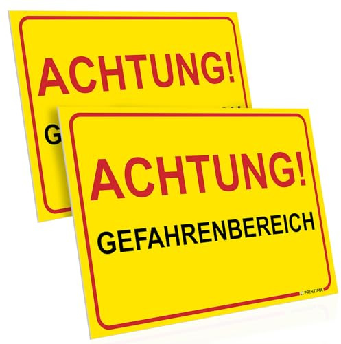 PRINTIMA 2x Schild ACHTUNG! GEFAHRENBEREICH 32x21 cm PVC Warnschild wetterfest für innen und außen inkl. Montageset Baustelle Industrie Arbeitsbereich Sicherheit Hinweis