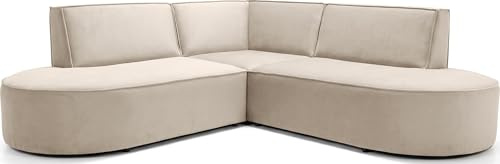 WFL GROUP Ecksofa 3-Sitzer im Loft-Stil – Skandi-Design – Universelle L-Form Wohnlandschaft – Freistehend – inkl. 2 Dekokissen - 223 × 223 × 73 cm – Beige Samt