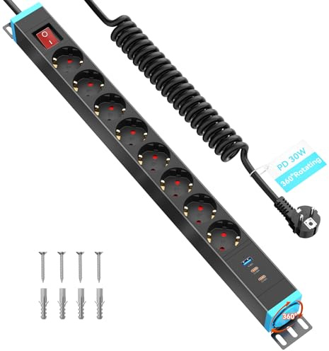 Pindus Steckdosenleiste Wandmontage 8-Fach, USB-C PD 30W, 360° Halterung | Überspannungsschutz, 16A/4000W, USB-C2 15W & USB-A 15W, Aluminiumgehäuse, 1,5 m Spiralkabel, Tisch- & Untertischmontage