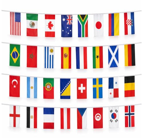 Murago - WM Flaggenkette Welt Länder ca. 10 m - Wimpelkette Länderflaggen international Girlande 32 Länderdeko Weltflaggen Partydeko Fußballparty Public Viewing 48 Sportevent 2026 Fanparty
