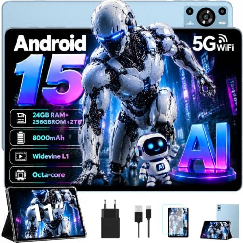 ZIOVO Tablet da 11 pollici Android 15 tablet, 24 GB RAM+256 GB ROM(TF 1 TB) 5 G WiFi Tablet,Octa-Core 2.0 GHz/8000 mAh/13+5 MP/Coperchio in metallo/Widevine L1/Supporto Neflix, Tablet Touch -Blu