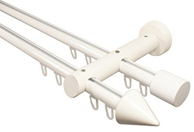 Innenlauf Gardinenstange 2-läufig aus Aluminium und Holz weiß, 20 mm, Endstück Kegel, 120 cm