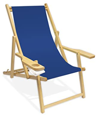 Holz-Liegestuhl mit Armlehne und Getränkehalter, Klappbar, Wechselbezug (Königsblau)