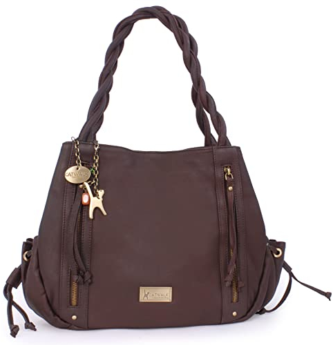 Catwalk Collection Handbags - Damen Leder Schultertasche - Handtasche Groß - Tote Bag mit Viele Fächer - Caz - Braun