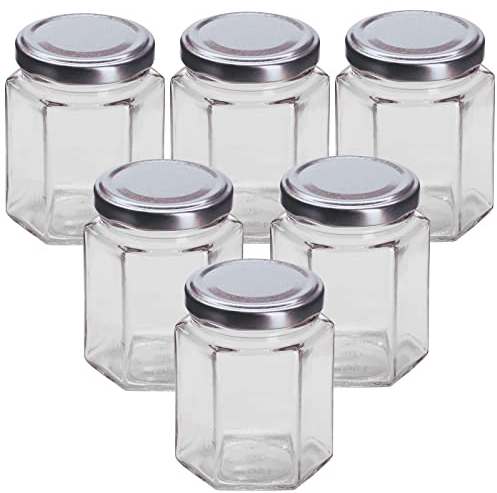 Pack of 6 x (8oz) 190ml Hexagonal Glass Jam Jars with Silver Twist Off Lids