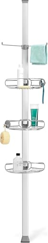 simplehuman BT1062 Large Tension Shower Caddy, Telescopic Corner Bathroom Shelf Storage Organiser, Extends 1.8m to 2.7m, Easy to Install, No Drilling, Rustproof, Adjustable Shelves, Storage Hooks