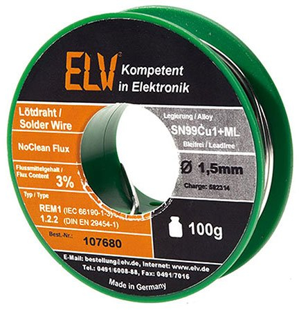 ELV No-Clean Lötzinn bleifrei Sn99Cu1+ML, 1,5 mm, 100 g