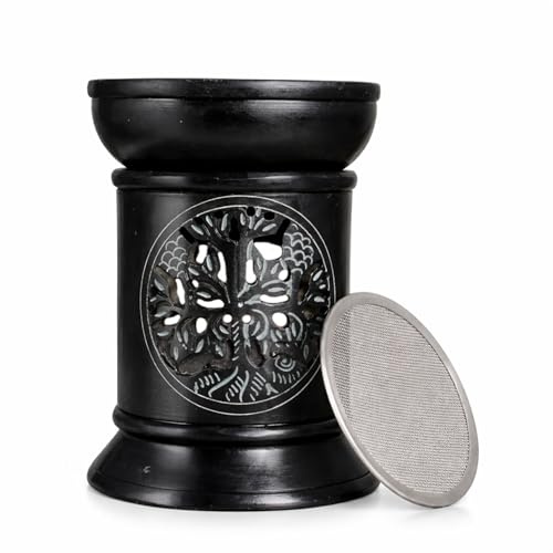 Budawi® Räucherstövchen Speckstein schwarz | Baum des Lebens durchbrochen | inkl. Räuchersieb & Schale | Teelicht stimmungsvolle Lichtwirkung