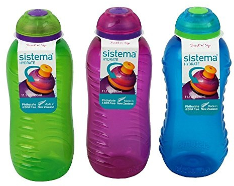 3 Sistema-Trinkflasche, 330 ml, Aqua-blau, Limettengrün, Pink