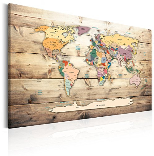 murando - Weltkarte Pinnwand & Vlies Leinwandbild 90x60 cm - 1 Teilig - Kunstdruck modern Wandbilder XXL Wanddekoration Design Wand Bild - Kontinent Karte Reise Geographie Holz Bretter