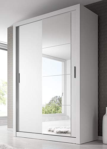 Arthauss Modern Bedroom Mirrored Sliding Door Wardrobe Arti 6 in White Matt 120cm - Flat Pack Wardrobe with Sliding Doors, Perfect for Space-Saving, Sliding Door Wardrobe with Customisable Interior