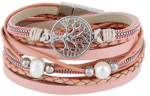 StarAppeal Armband Wickelarmband mit Perlen, Ketten, Flechtelement und Lebensbaum Anhänger, Magnetverschluss Silber, Damen Armband (Rose-Puder)