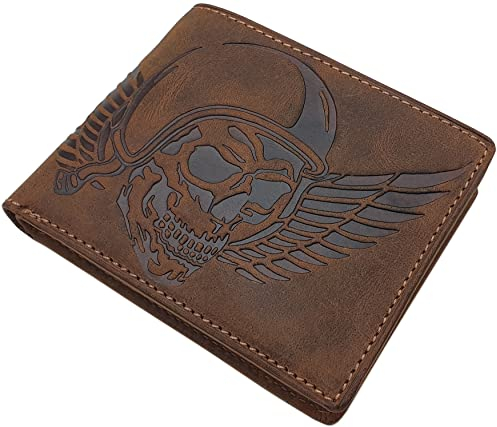 myledershop Echt Büffel-Vollleder Geldbörse/Geldbeutel/Portemonnaie/Portmonaise/Geldtasche/Portmonee in Querformat mit Totenkopf-Motiv mit RFID & NFC Schutz (Braun)