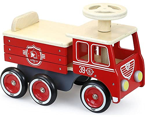 Vilac - Porteur enfant - Design de camion de pompier - Coffre de rangement sous l’assisse - Système anti bascule - Véhicule fait en bois - Robuste - Amusant - A partir de 18 mois - 1126R