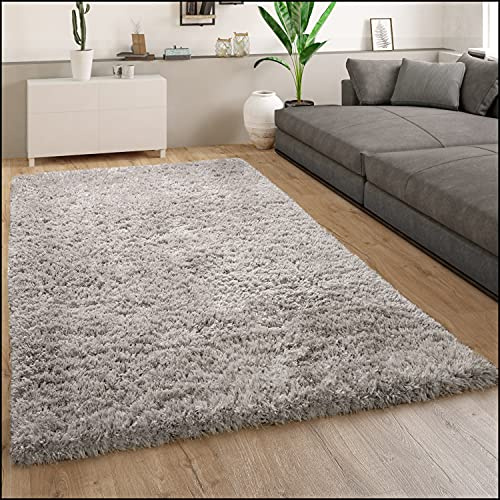Paco Home Hochflor Teppich Wohnzimmer Flauschig Schlafzimmer Shaggy Modern Weich Einfarbiges Muster, Grösse:200 cm Quadrat, Farbe:Grau