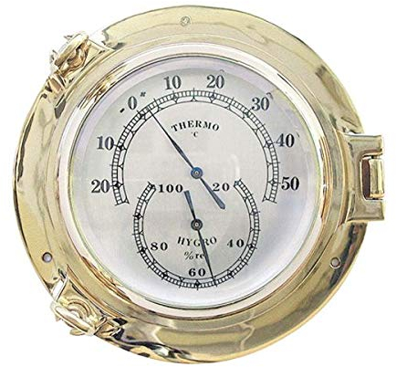 Thermometer / Hygrometer im Bullauge 14cm Messing