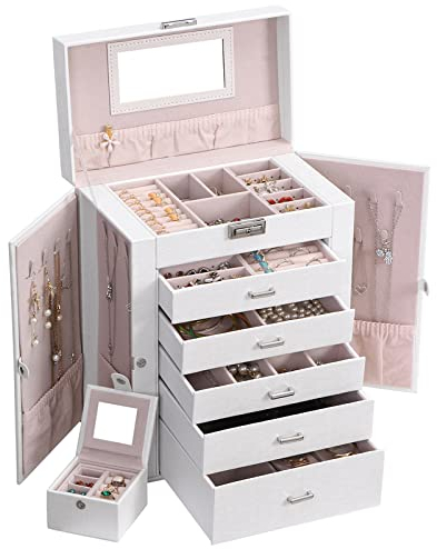 ANWBROAD 6 Tier Huge Jewellery Box Jewellery Organizer Box Display Storage Case Holder with Lock Mirror Girls Jewellery Box for Rings Necklaces Bracelets Earrings JJB004W
