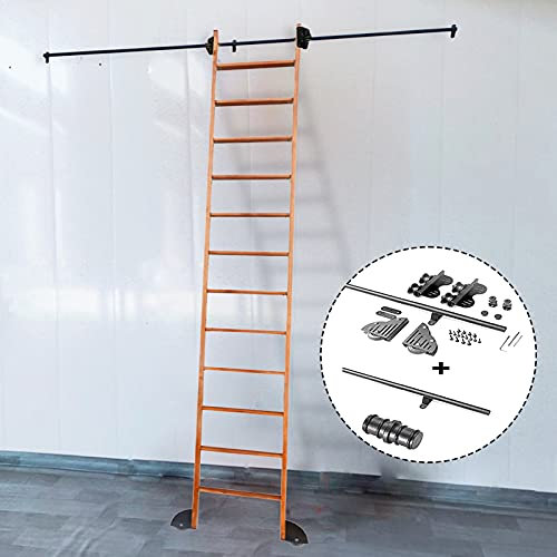 Schiebetür-Tür-Kit 100-600cm, Verlängerung Rundrohr Mobile Spur Walzleiter Hängende Schiene Full Set Hardware für Bibliothek/Loft/Haus/Innen/Buchstore - mit Bodenrollenrädern (keine Leiter)